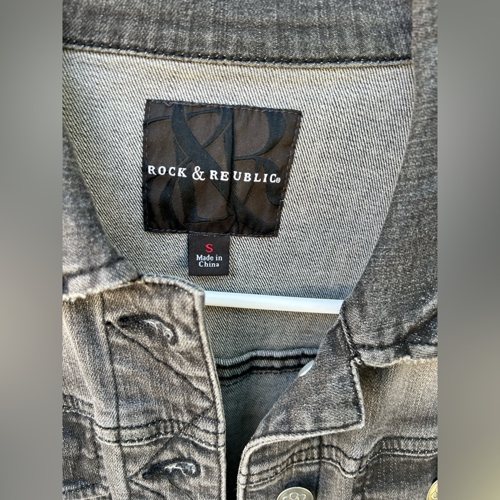 Rock & Republic Denim Jacket American Flag Black Women Small Long Sleeve Pockets - Picture 3 of 5